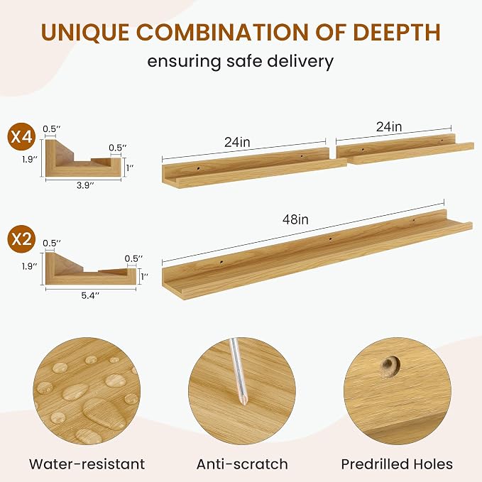 Picture Ledge Shelf, Floating Shelves for Wall Decor, Oak, Set of 6, 48'' - Image 3