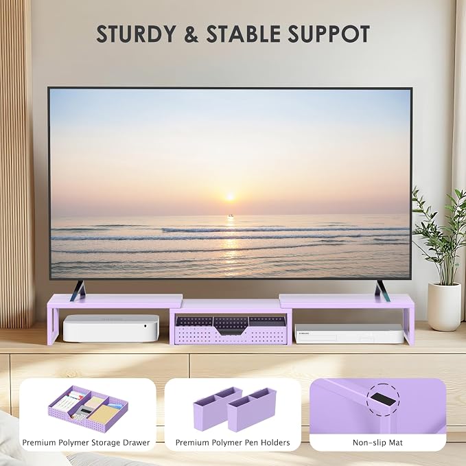 OPNICE Desk Organizers and Accessories, Dual Monitor Stand Riser with Drawer and 2 Pen Holders, Desk Shelf Computer Racks for Office Workspace Organizers, Desktop Organization (Purple) - Image 8