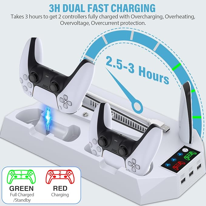 PS5 Slim Stand and Cooling Station with Controller Charging Station for Playsation 5 Slim&Standard Disc/Digital Console, PS5 Accessories Incl. Controller Charger/Turbo Fan/3 USB Hub/Headset Holder - Image 3