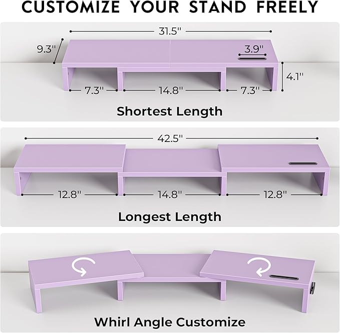BONTEC Dual Monitor Stand Riser, Adjustable Length & Swivel Angle, Purple | Ergonomic Wooden Desktop Organizer with Smartphone Holder, Computer Monitor Stand for PC, Laptop,Printer and Large Storage - Image 3