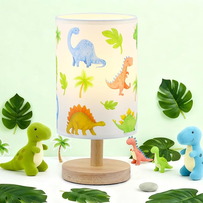Dinosaur Table Lamp for Kids Bedroom - Cartoon Dinosaur Bedside Lamp with Linen Lampshade Wooden Stand Night Light for Boys Bedroom Living Room Nursery Room Decor Dino Gifts for Boys by MASTRON