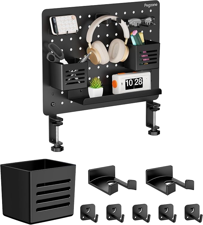 PEGZONE 16.5" x 12.6" Clamp-on Desk Pegboard, Bundle with 8 Pieces Accessories, Black by Pegzone