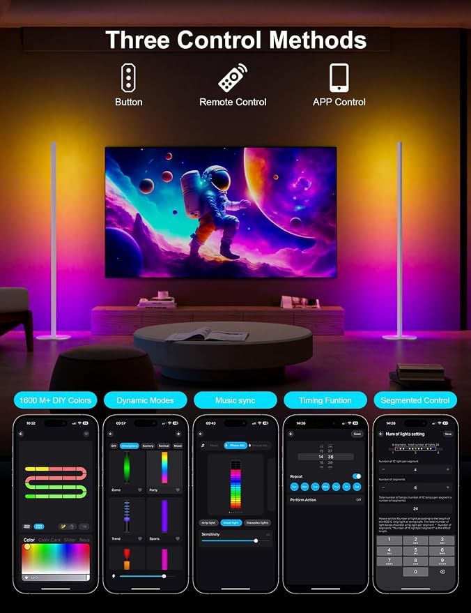 White Corner Floor Lamp 1 Pair, LED Corner Lamp with Remote Control, APP Control 16 Million Colors, Timing, Color Changing Ambient Lighting for Living Room, Bedroom, Gaming (Only One Adaptor) - Image 3