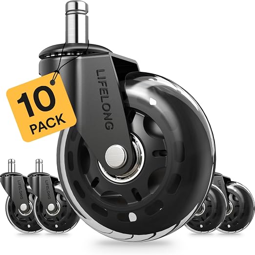 Lifelong Office Chair Wheels Replacement, Heavy Duty, 10 Pack Fits 98% | Original Rubber Caster, Desk Wheels, Smooth & Quiet, Safe for Hardwood Floors & Carpet, Replace Office Chair Mats - Image 7
