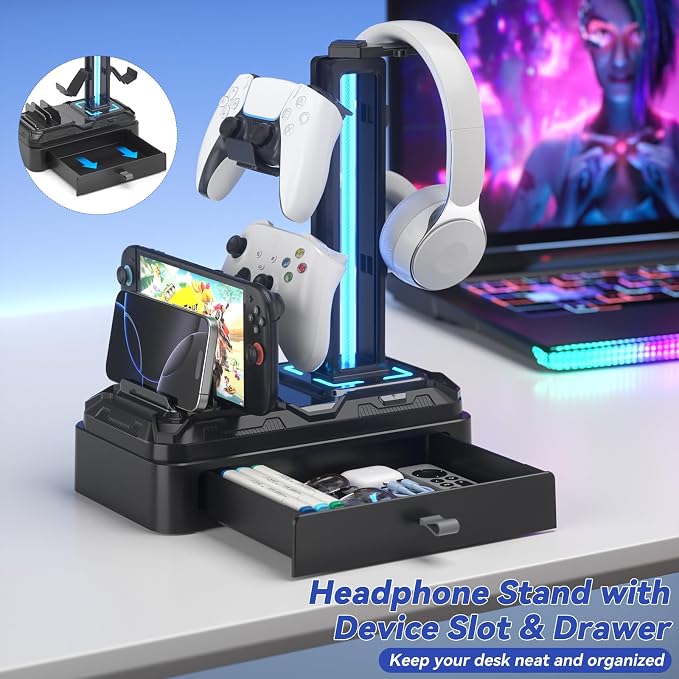 KDD Headphone Stand with USB A&C Charger Ports - RGB Controller Stand with Detachable Hooks - Rotatable Headset Hanger & Device Slot for Phones/Tablets - Drawer Storage Base for Gaming Desk Organizer - Image 2