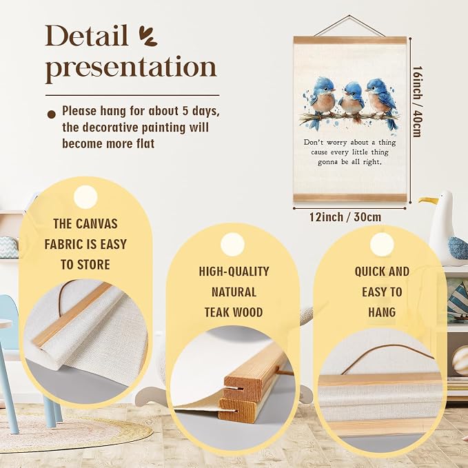 ZTGDA Inspirational Wall Hanging Canvas Art Poster, Every Little Thing Is Gonna Be All Right,Cute Positive Watercolor Birds Wall Art for Home and Office Decor,Best Birthday, Graduation Gift - Image 2