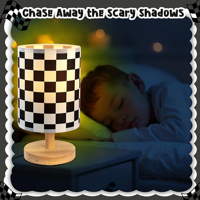 Checkered Bedside Lamp for Boys' Bedroom Kids, Bedside Lamp with Linen Wooden Nightstand, Checkered Lampshade Nursery Decor - Image 6
