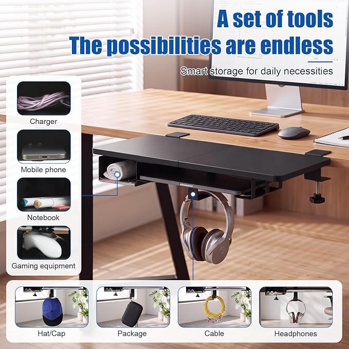 Novabright 24" x 12" Desk Extender Tray with Side Storage Rack Heavy Duty Desk Extender Under Desks Laptop Mount Keyboard Extenders for Desks with a Concealed Storage Area for Cable & Earphone (Black) - Image 6