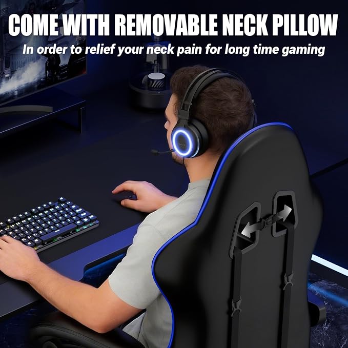 Czlolo Gaming Chair with Footrest Racing Style Lumbar Support Massager Video Game Chair with Metal Legs, High Back Reclining Gamer Chair with Headrest, 360° Swivel Office Computer Desk Chair (Blue) - Image 7
