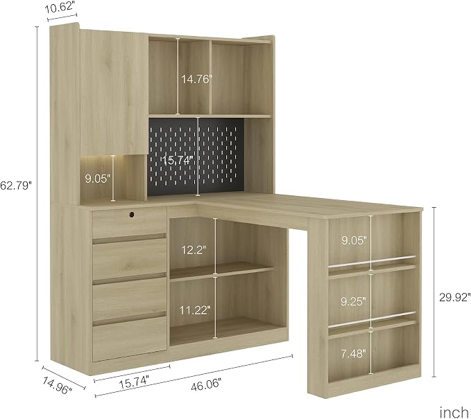 KEIKI L Shaped Home Office Desks with LED Light, Pegboard, Hutch, Drawers, Bookshelf & Storage Shelves, Modern Wooden Gaming Computer Corner Table for Work, Study, Writing - Image 2