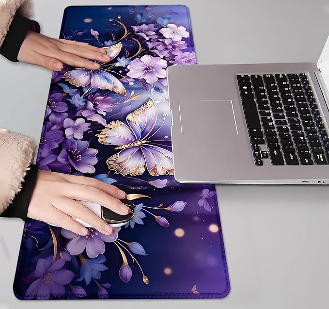 IMAYONDIA Gold Butterfly Desk Pad, Purple Flowers Large Mousepad, Floral Desk Mat, Modern Beutiful Extended Mouse Pads for Laptop, Computer Pad for Women Girls Office, 31.5x11.8 in - Image 7