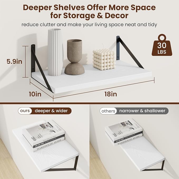 Axeman Deep Floating Shelves, 18'' x 10'' White Wall Shelves Set of 2 - Image 3