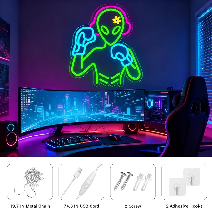 Alien Neon Signs Lights for Wall Decor, Boxing Neon LED Sign for Room and Man Cave Decor, Dimmable Powered LED Signs for Bedroom, Man Cave Party, Birthday Christmas Gift (Boxing Multicolor) - Image 5