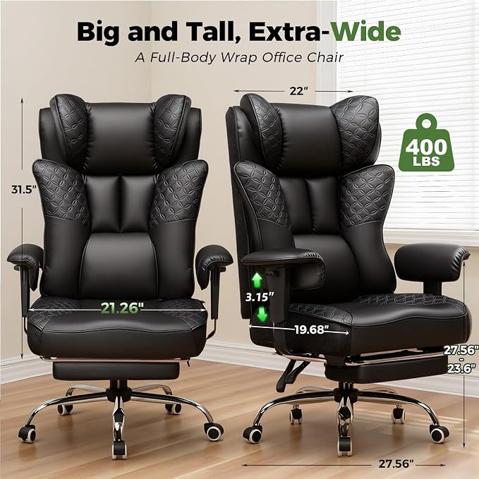 GTPLAYER Big and Tall Office Chair Wide Ergonomic Gaming Chair with Deluxe Embossing Designed Leather with Foot Rest,150°Reclining Adjustable Soft Armrests Pocket Spring Back Support and Pillow - Image 2