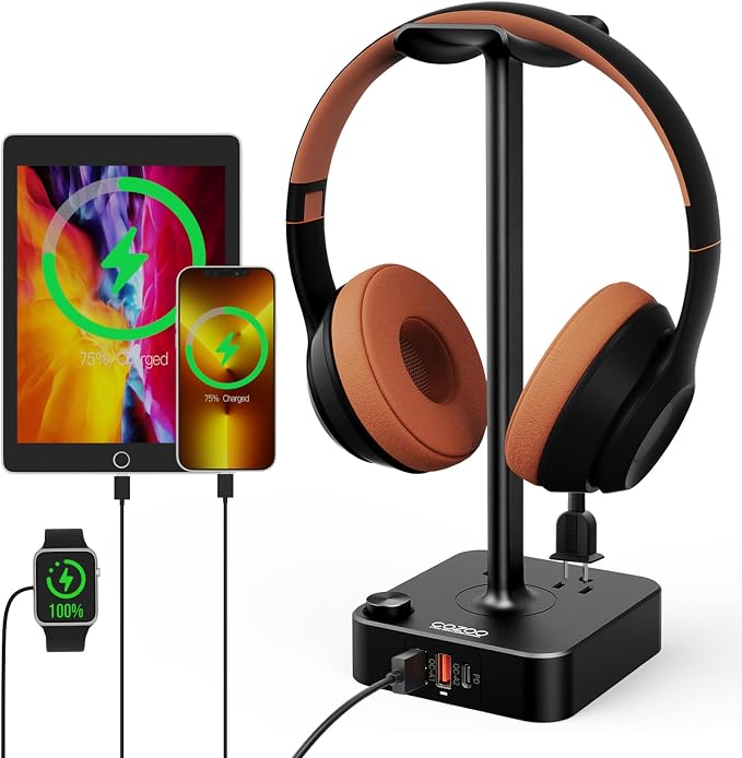 cozoo Headphone Stand with Charger for Desk, Gifts for Gamers Men, Black | Gaming Headset Stand Holder for Desk, 3 USB(1 USB C) and 2 AC Outlets Charging Ports, Headphone Hanger, Gamer Gifts for Men by COZOO