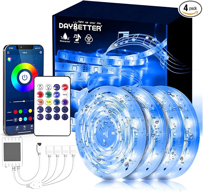 DAYBETTER Outdoor Led Strip Lights Waterproof, Smart Led Light Strips with Remote and App Control, 5050 RGB Color Changing Led Lights for Bedroom, Roof Eaves, Room Decor, 65.6 ft(4 Rolls of 16.4ft) by DAYBETTER