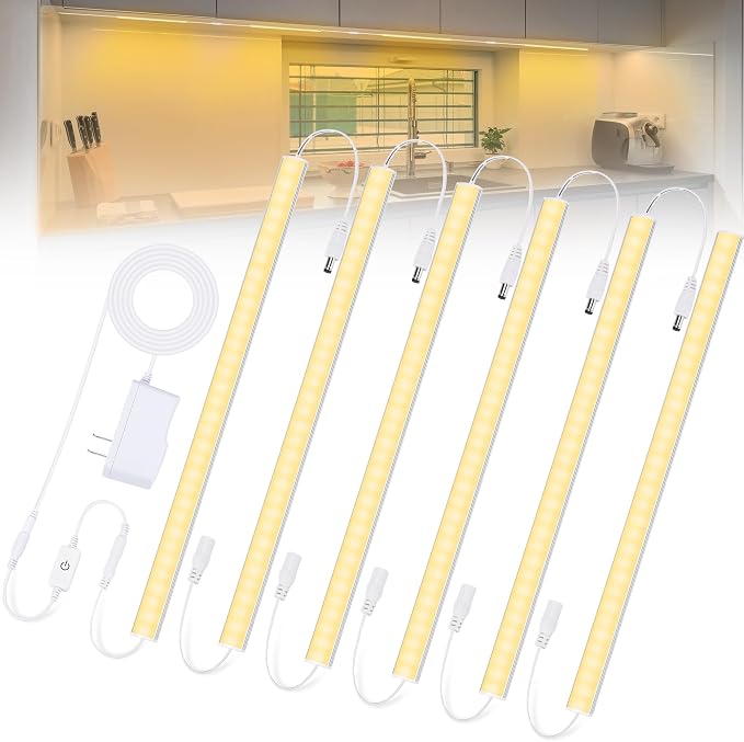 6PCS x 12 Inch Under Cabinet Lights Plug-in, Warm White 3000K Dimmable LED Under Cabinet Lighting, Under Counter Lights with Memory Function, LED Light Bars for Kitchen by Jusjubr