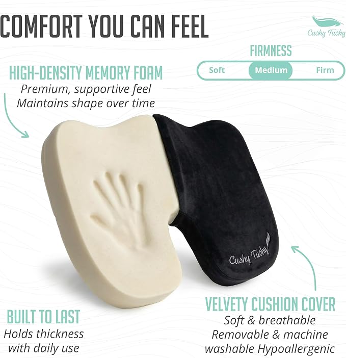 Cushy Tushy Premium Slim Foldable Travel Seat Cushion - for Relief of Lower Back, Sciatic, Butt and Tailbone Pain - for Home & Office Use, Perfect for Travel or Driving - Slim Coccyx Cushion - Black - Image 4