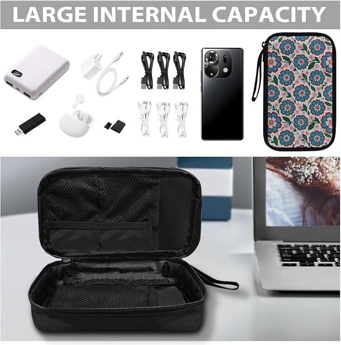 Blue Flowers Electronics Case Portable Electronic Accessories Carry Case Tech Pouch for Cable Cord Charger Phone Earphone Power Bank SD Card Travel Use - Image 8