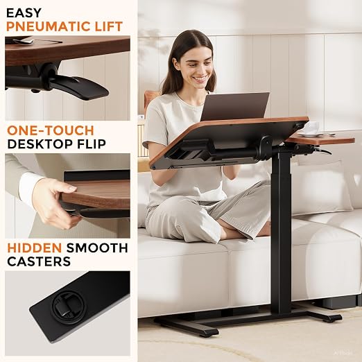 GTPLAYER Overbed Bedside Table with Wheels,Tiltable Hospital Bed Table Over The Bed, Pneumatic Adjustable Rolling Laptop Desk, Mobile Standing Desk for Hospital and Home Use (Walnut) - Image 6