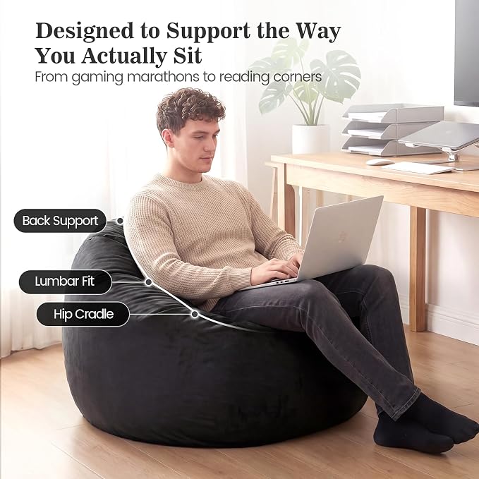 ACH Bean Bag Chair for Adults and Teens - 3ft Memory Foam Floor Chair, Perfect for Dorms, Gaming & Relaxing, Machine Washable Velvet Cover (Black-Medium) - Image 6