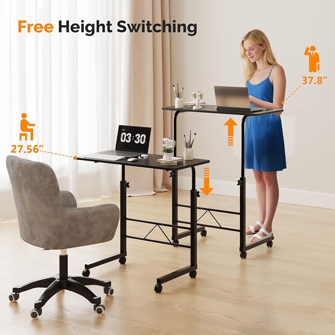 FCH Computer Workstation, Standing Desk Adjustable Height, Small Computer Desk w/Rolling, Sit Stand Laptop Desk TV Tray Computer Workstation for Bed Sofa Hospital Reading Eating, 31.5", Black - Image 5