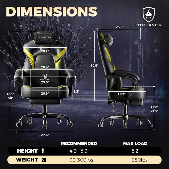 GTPLAYER Big and Tall Gaming Chair for Adults, Ergonomic Office Chair with Footrest, Heavy Duty 350 lbs Capacity, High Back, Premium Leather & Iridescent Trim, ACE-Armor, Black & Yellow - Image 2