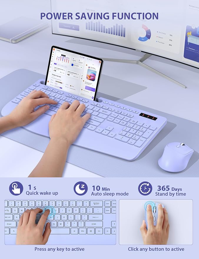 SABLUTE Wireless Keyboard and Mouse Combo, Full Size, Ergonomic Wrist Rest - Image 7