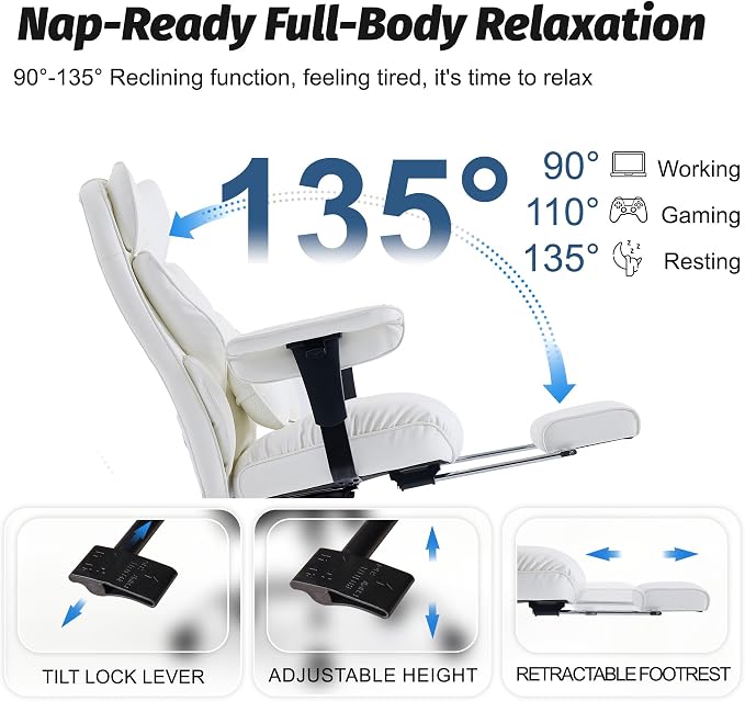 Efomao Executive Office Chair 400lbs,White Big and Tall Desk Chair | Mattress-grade pocket spring cushion, sleek leather, 135° recline & footrest for computer gaming setup. - Image 5