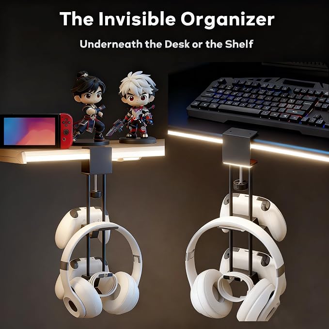 Headphone Stand with Controller Holder, Aluminum Under Desk Clamp Headset and Controller Stand - 2 in 1 Headphone Hanger for Desktop PC Gaming Accessories Organizer with PS5 Xbox Series S - Image 3