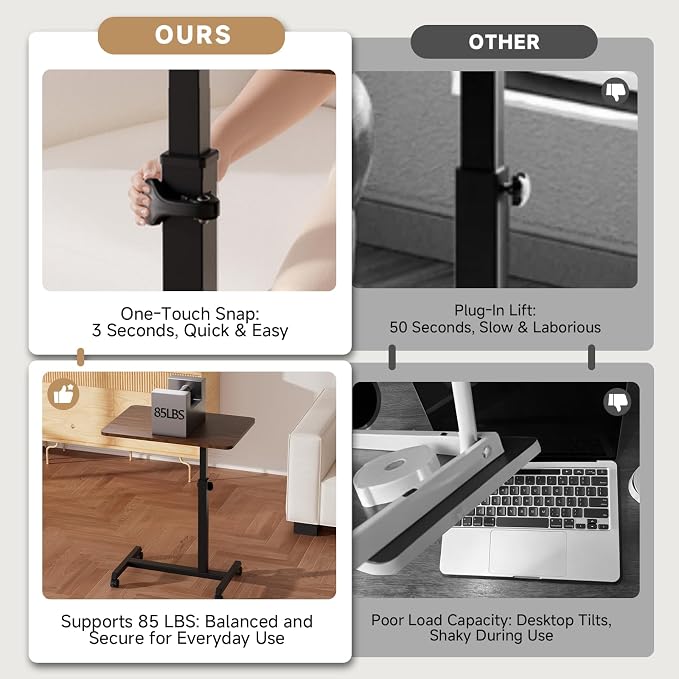 GTPLAYER Small Standing Desk, 24 Inches Foldable Mobile Rolling Laptop PC Table with Lockable Casters, Adjustable Height Overbed Bedside Table Computer Workstation for Home Office, Dark Brown-Foldable - Image 7