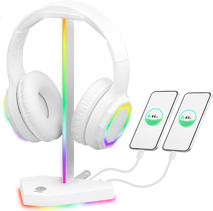 RGB Headphone Stand with 2 USB-C Charging Port and 1 USB Charging Port, Desk Gaming Headset Holder with 7 Light Modes and Non-Slip Rubber Base Suitable for All Earphone Accessories (White) by charlxee