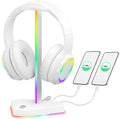 RGB Headphone Stand with 2 USB-C Charging Port and 1 USB Charging Port, Desk Gaming Headset Holder with 7 Light Modes and Non-Slip Rubber Base Suitable for All Earphone Accessories (White) by charlxee