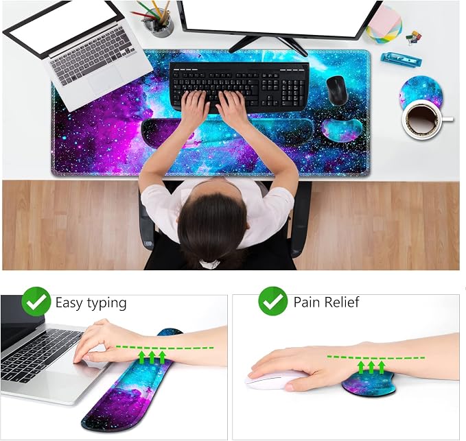 AIMSA Large Gaming Mouse Pad Set, Keyboard Wrist Rest Support Mouse Pad, Ergonomic Memory Foam Multifunctional Extended Desk Mat 35x15.7in Anti-Slip Rubber Base, Galaxy Nebula Universe - Image 3