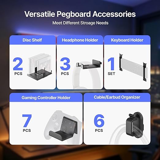 PEGZONE Controller and Headphone Holder Wall Mount, 14pcs, Black | Modular Gaming Pegboard with Accessories, Controller Stand, Disc Shelf Organizer - Image 4