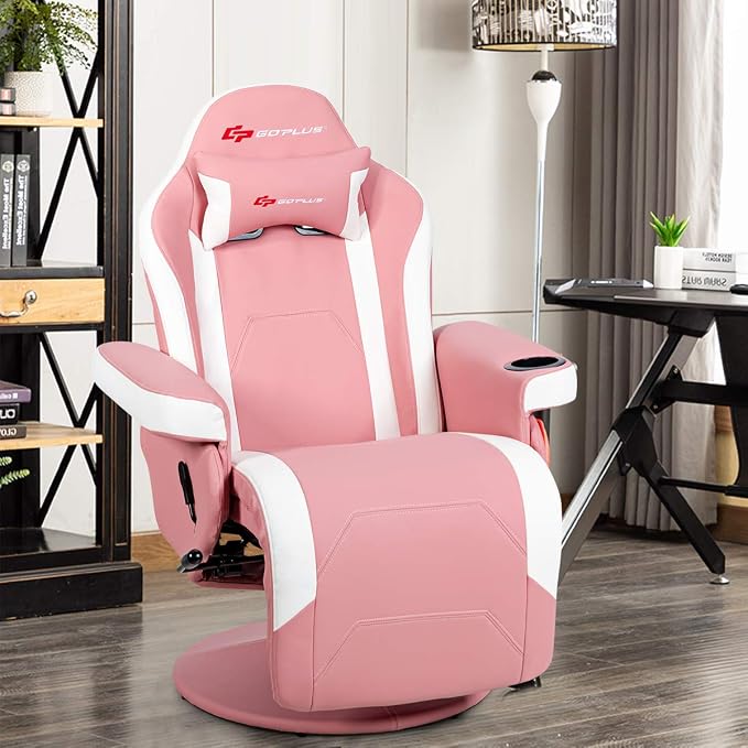 POWERSTONE Gaming Recliner, PU Massage Gaming Chair with Footrest, Cup Holder, Headrest and Side Pouch, Adjustable Single Sofa Living Room Chair(Pink) - Image 2
