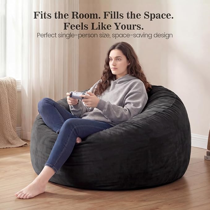ACH Bean Bag Chair for Adults and Teens - 3ft Memory Foam Floor Chair, Perfect for Dorms, Gaming & Relaxing, Machine Washable Velvet Cover (Black-Medium) - Image 7