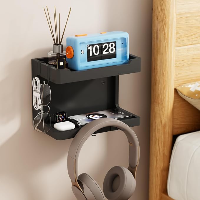 NiHome Bedside Wall Shelf Organizer, Wood 2-Tier Floating Nightstand, Black - Image 2
