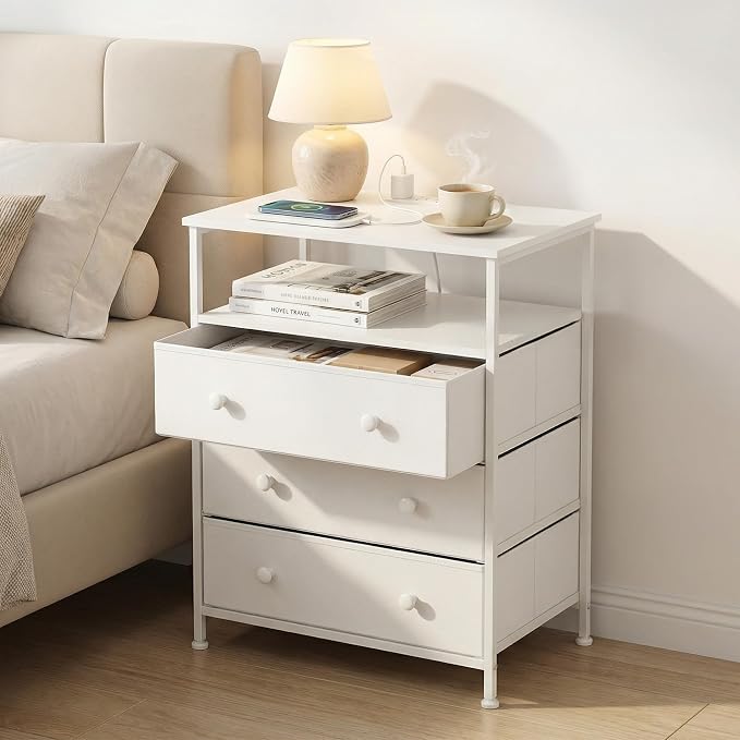 3-Drawer LED Nightstand with Charging Station, White - Image 9