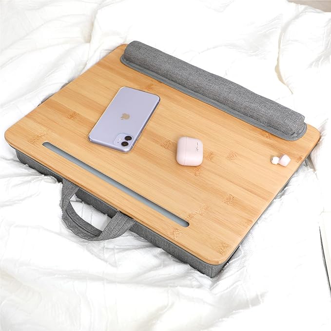 SUMISKY Lap Desk-Portable Laptop Stand with Cushion, Bamboo Platform with Phone Holder, Wrist Pad Fits up to 15.6 Inch Laptops - Image 2