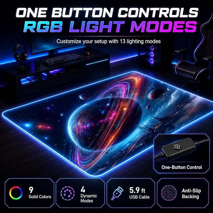 Gaming Rug RGB LED Light (3x5 Cosmic Ring) - Bedroom Gamer Rug Floor Mat Gaming Decor - Kids Room Rug Anti Slip Mat for Gamer Chair – Play Game Room Décor for Teen, Boys, Kids - Image 5