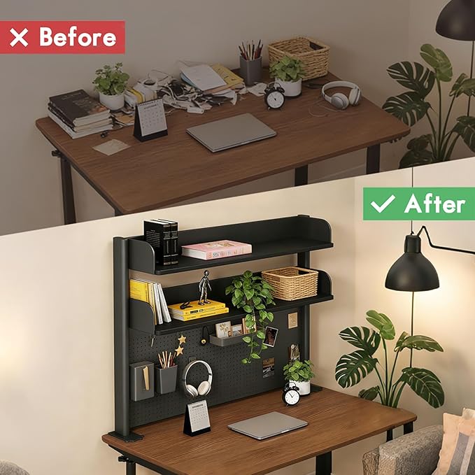 Clamp On Desk Shelf Organizer with Pegboard Desk Hutch Dorm with Storage Bookshelf Desk Top Organizer Shelf Multi-Purpose White & Black Desktop Shelves & Office Shelves (Black, W - 39.4") - Image 4