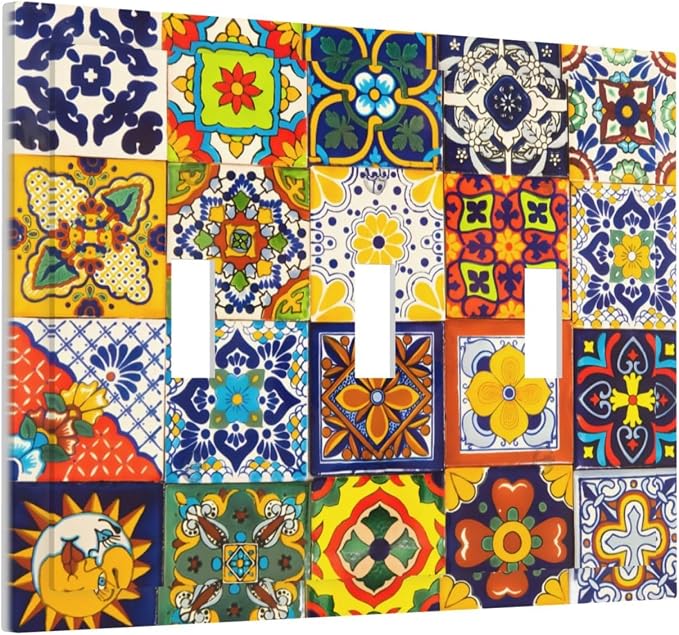 Decorative Light Switch Cover Plate Vintage Traditional Colorful Mexican Talavera Tiles Style 3 Gang Wall Plate Triple Toggle Switch Plate Covers 3 Hole Electrical Switchplate Dimmer Faceplate - Image 2