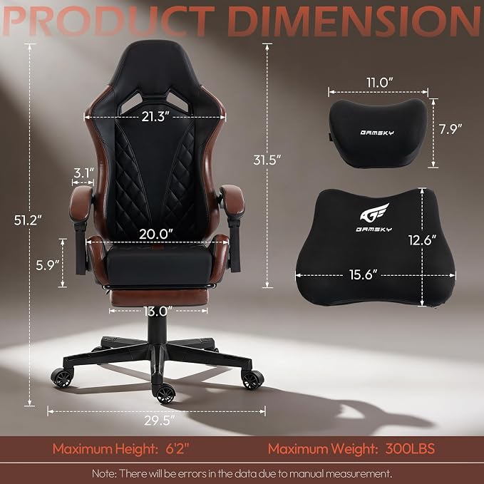 Ergonomic Gaming Chair for Adults with Footrest - PU Leather Computer Gamer Chair with Memory Foam Headrest & Lumbar Pillow, Reclining Silla Gamer Video Game Chair for Home Office, Black & Brown - Image 3