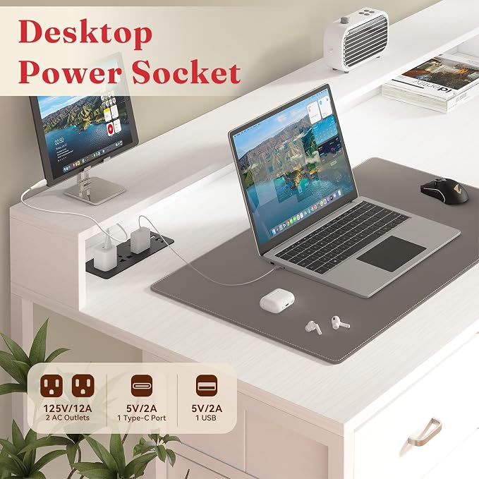 Computer Desk with Drawers, Home Office Desk with Storage Shelves, Charging Station, Corner Gaming Desk with Pegboard for Workspace, White - Image 5