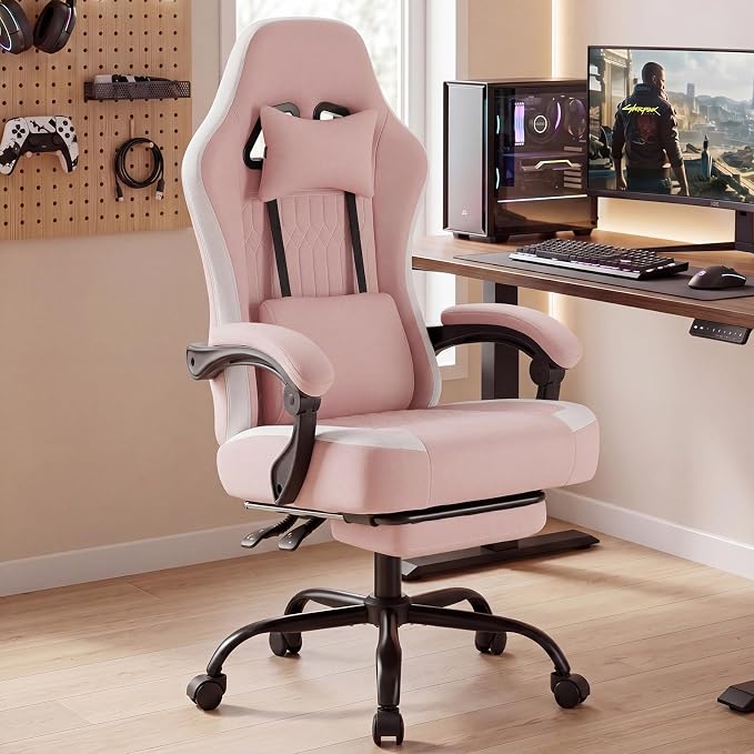 DUMOS Ergonomic Gaming Chair with Footrest, Video Game Chairs | Comfy Lumbar Support, Linkage Armrests, Tech Fabric, Pocket Spring Cushion, Office, Adults Students, Pink - Image 10