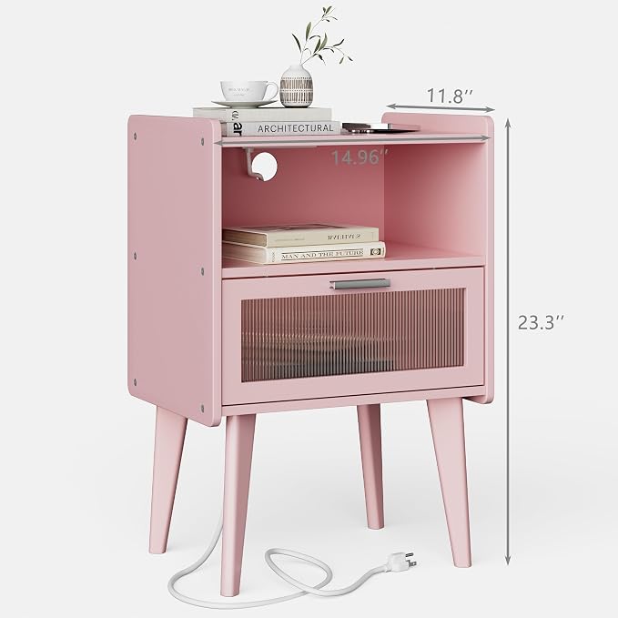 MMEOLUOOK Nightstand with Charging Station, Bedside Tables Pink End Table Side Table with 2 Tiers Storage Space, for Bedroom Living Room MLBZ07PE - Image 2