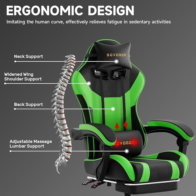 Ergonomic Gaming Chair,A Versatile 3-in-1 Video Game Chair for Work, Study, and Gaming,Features an Adjustable Backrest, Footrest, and Linked Armrests Office Chair for Adults,Blackgreen - Image 4