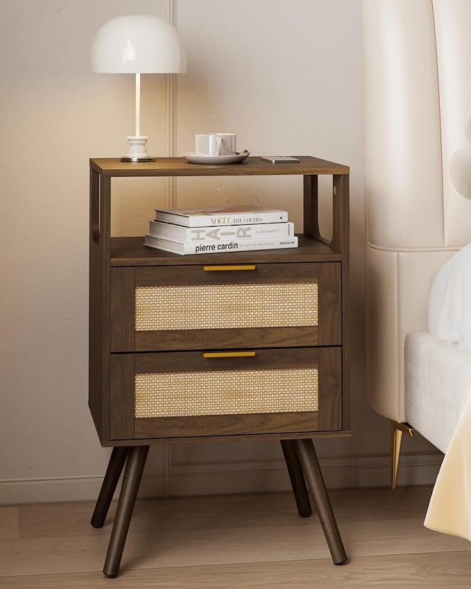 JOONEE Rattan Nightstand,Farmhouse Bedside Table with 2 Storage Drawer and Open Wood Shelf, for Bedroom and Small Spaces,Night Stand with Solid Wood Legs (Walnut Brown) by JOONEE