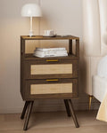 JOONEE Rattan Nightstand,Farmhouse Bedside Table with 2 Storage Drawer and Open Wood Shelf, for Bedroom and Small Spaces,Night Stand with Solid Wood Legs (Walnut Brown) by JOONEE